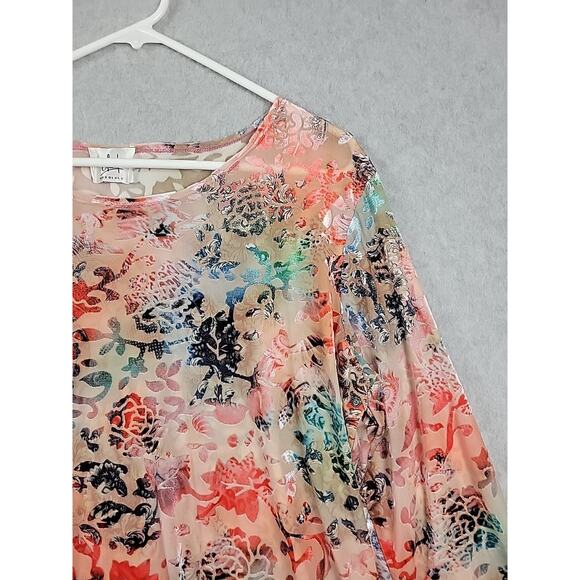 Clint Honolulu Colorful Tropical Floral 3/4 Sleeve Blouse Large Stretch Sheer - Picture 4 of 12